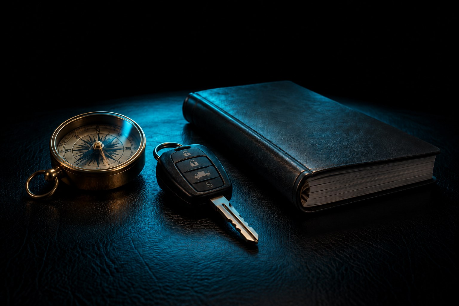 A brass compass, a black tractor key and a folded 49 CFR on black leather under a ring of cyan light