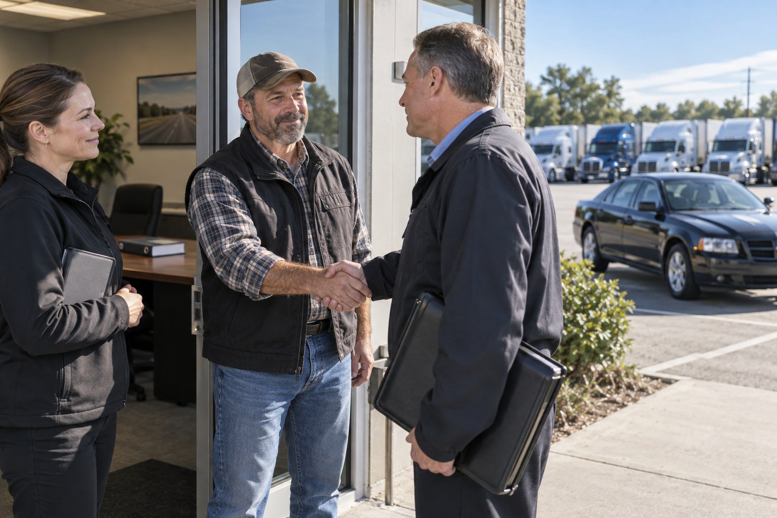 A fleet owner and his safety manager shaking hands with a DOT auditor at the office door on a clear morning, the audit binder closed on the table