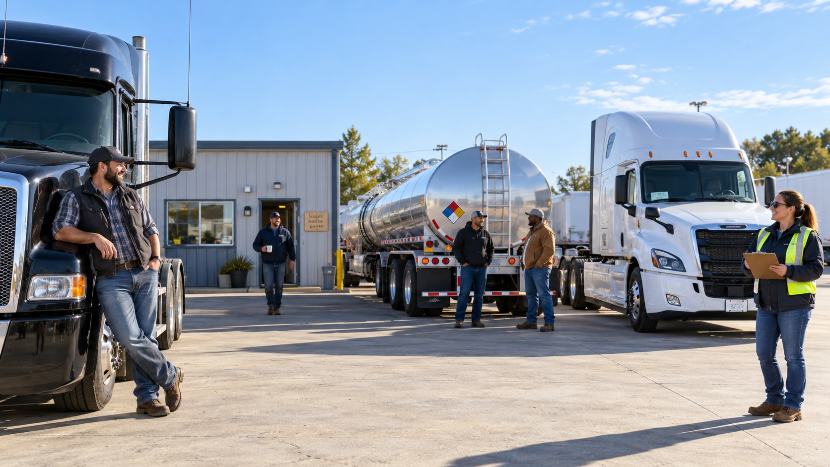 Wide bright yard: an owner-operator beside his tractor, a small-fleet office door, a hazmat placarded tanker and a safety manager with a clipboard, all in one frame