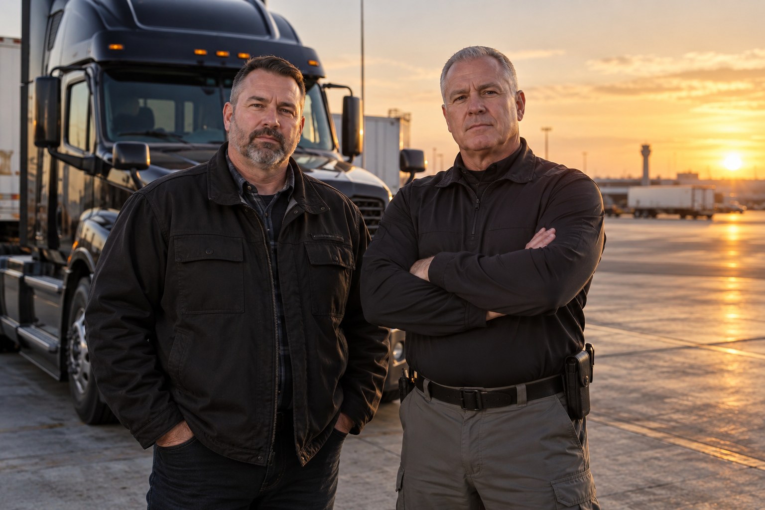 Two founders of X3 Fleet Safety standing in front of a black tractor at sunrise, one a former state trooper, one a fleet safety director
